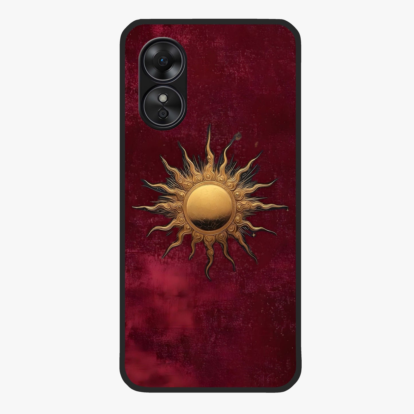 Gold Sun Blush Glass Case showing flat back view with golden sun inspired artwork and glossy glass finish.