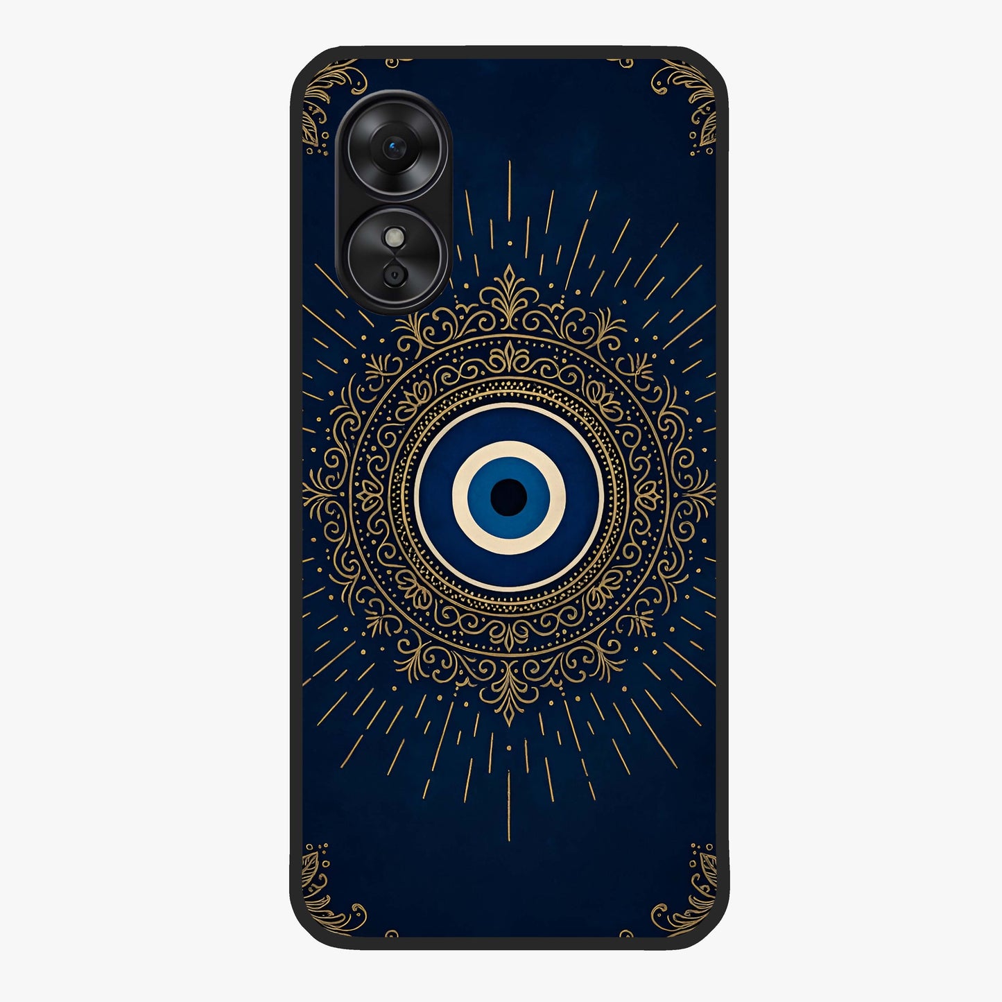 Golden Evil Eye Mandala Glass Case showing flat back view with intricate evil eye mandala artwork and glossy glass finish.