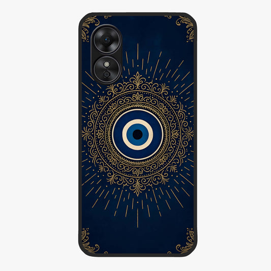 Golden Evil Eye Mandala Glass Case showing flat back view with intricate evil eye mandala artwork and glossy glass finish.
