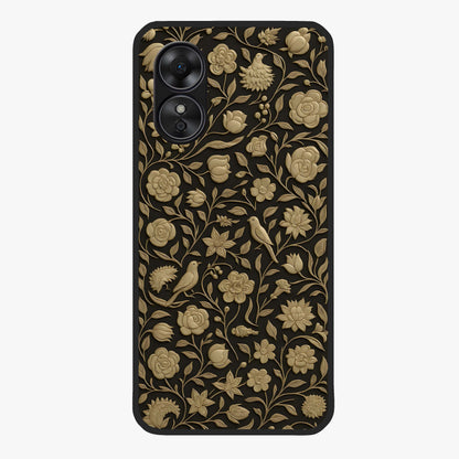 Golden Floral Majesty Glass Case showing flat back view with luxurious golden floral artwork and glossy glass finish.