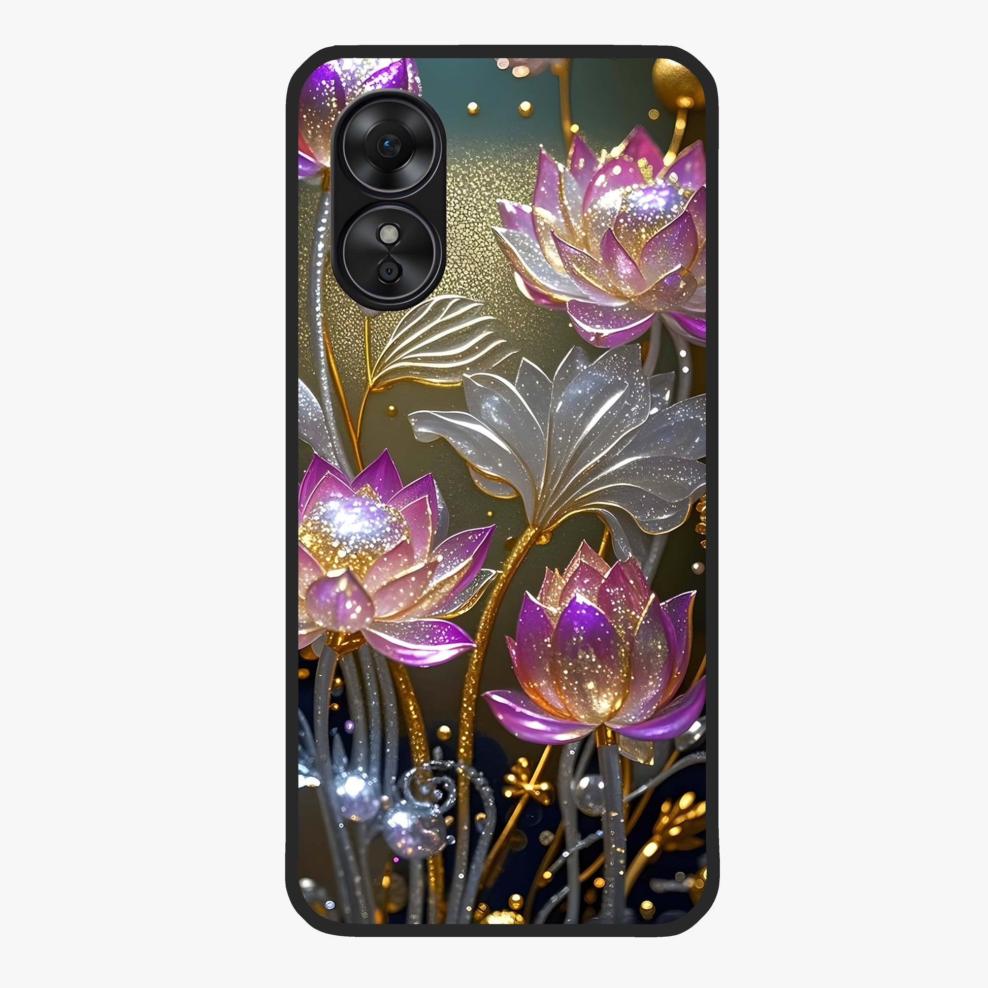 Golden Lotus Glow Glass Case showing flat back view with glowing lotus flower artwork and glossy glass finish.