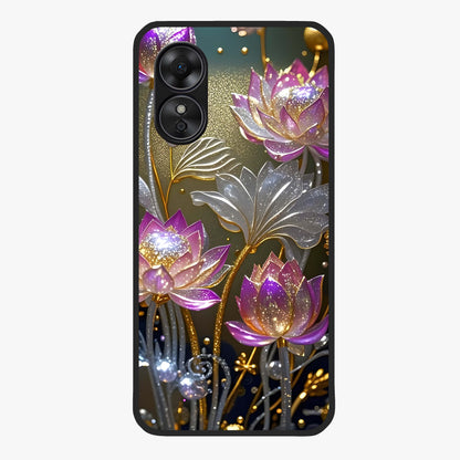 Golden Lotus Glow Glass Case showing flat back view with glowing lotus flower artwork and glossy glass finish.