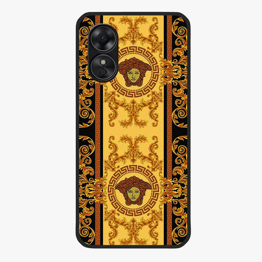 Golden Royal Heritage Glass Case showing flat back view with ornate royal pattern artwork and glossy glass finish.