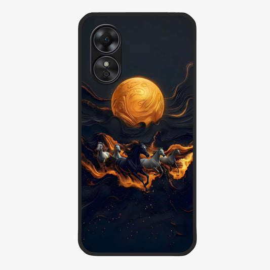 Golden Stallion Moonride Glass Case showing flat back view with majestic horse under moonlight artwork and glossy glass finish.