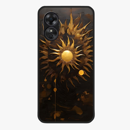 Golden Sun Majesty Glass Case showing flat back view with radiant golden sun artwork and glossy glass finish.