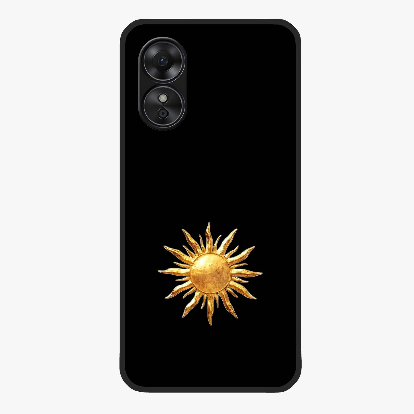 Golden Sun Minimalism Glass Case showing flat back view with minimal golden sun artwork and glossy glass finish.