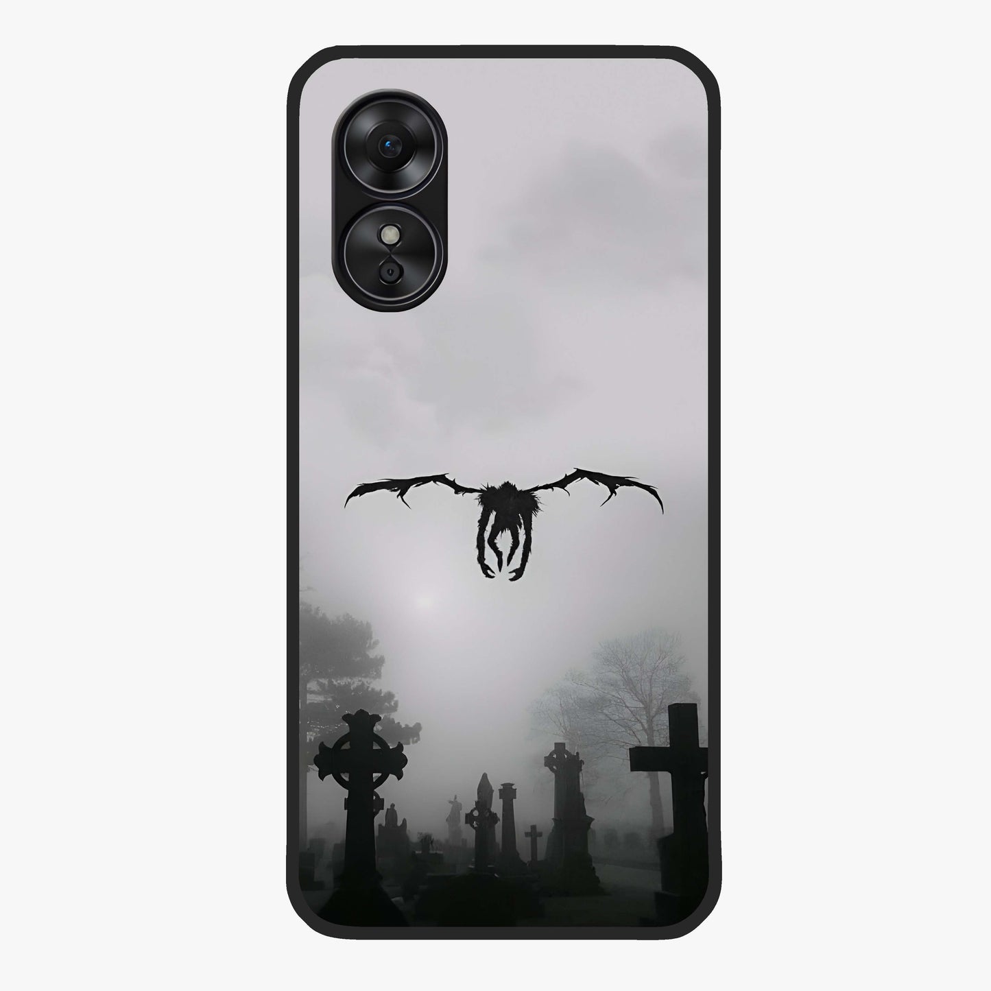 Graveyard Shadow Descent Glass Case showing flat back view with dark graveyard themed artwork and glossy glass finish.
