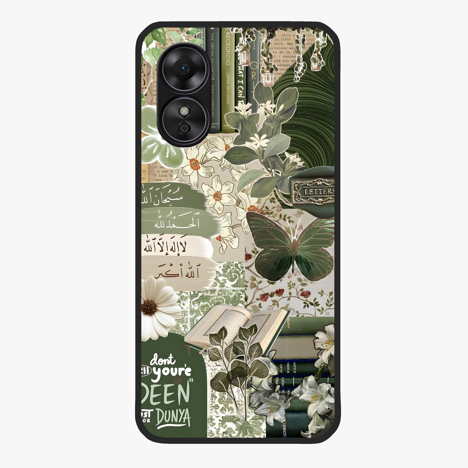Green Islamic Books Quotes Glass Case showing flat back view with Islamic quotes and book themed artwork and glossy glass finish.
