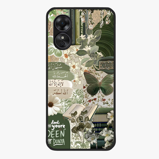 Green Islamic Books Quotes Glass Case showing flat back view with Islamic quotes and book themed artwork and glossy glass finish.