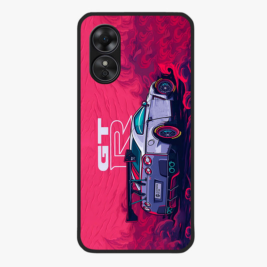 GT-R Car Pattern Glass Case showing flat back view with sporty car inspired pattern artwork and glossy glass finish.