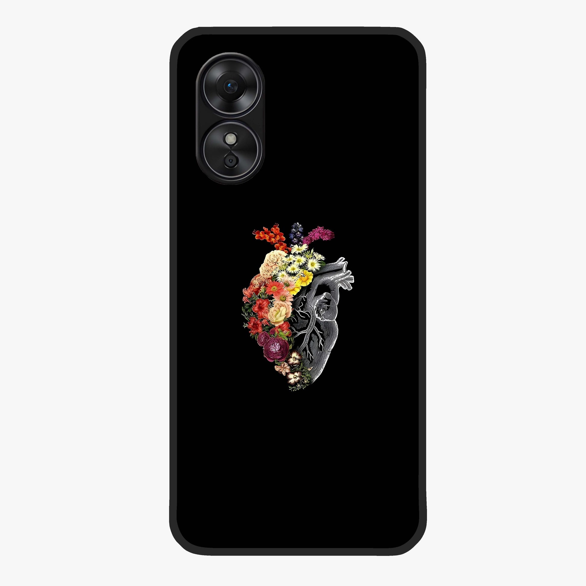 Heart With Flowers Glass Case showing flat back view with heart shaped floral artwork and glossy glass finish.