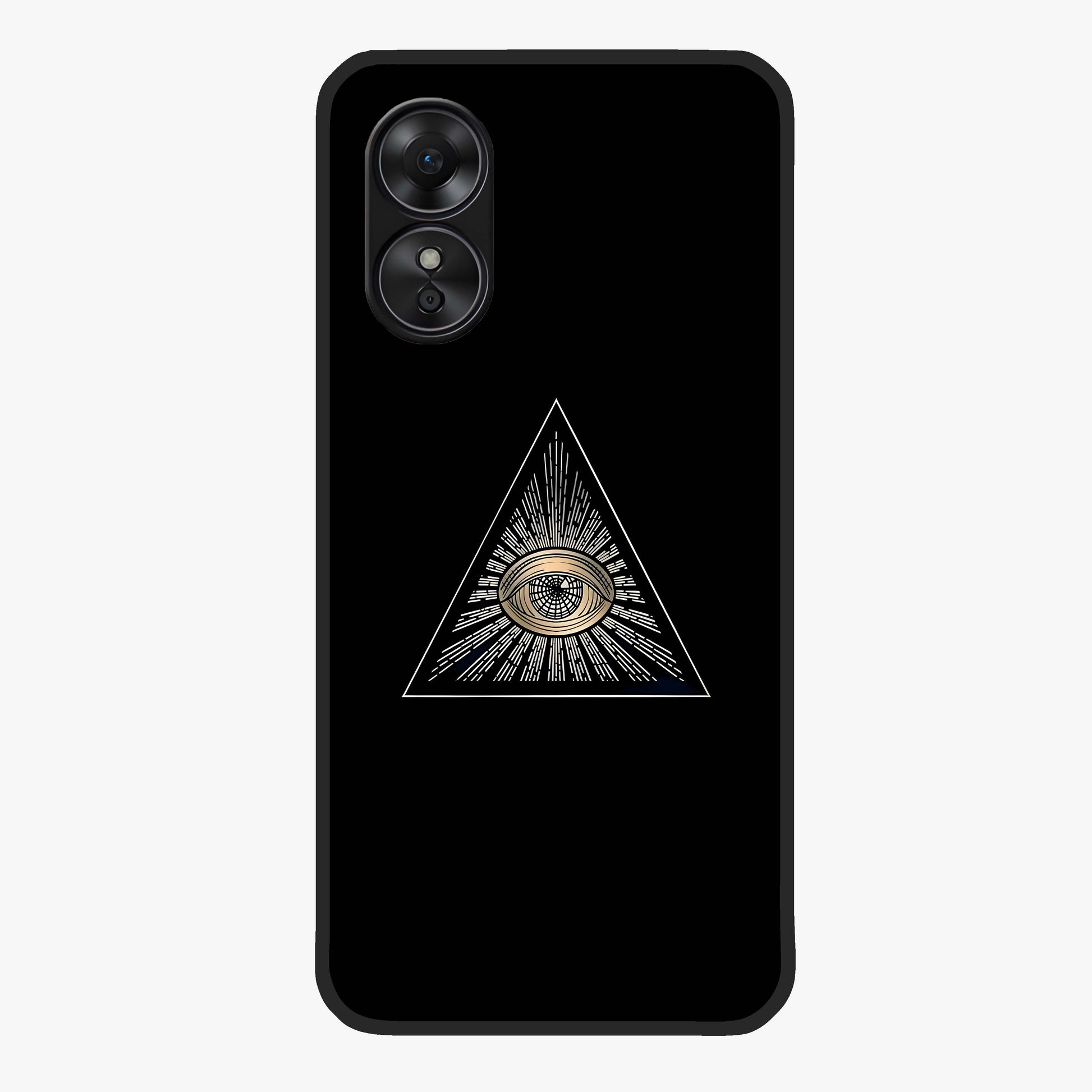 Illuminati Evil Glass Case showing flat back view with mysterious illuminati symbol artwork and glossy glass finish.
