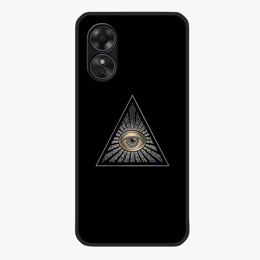 Illuminati Evil Glass Case showing flat back view with mysterious illuminati symbol artwork and glossy glass finish.
