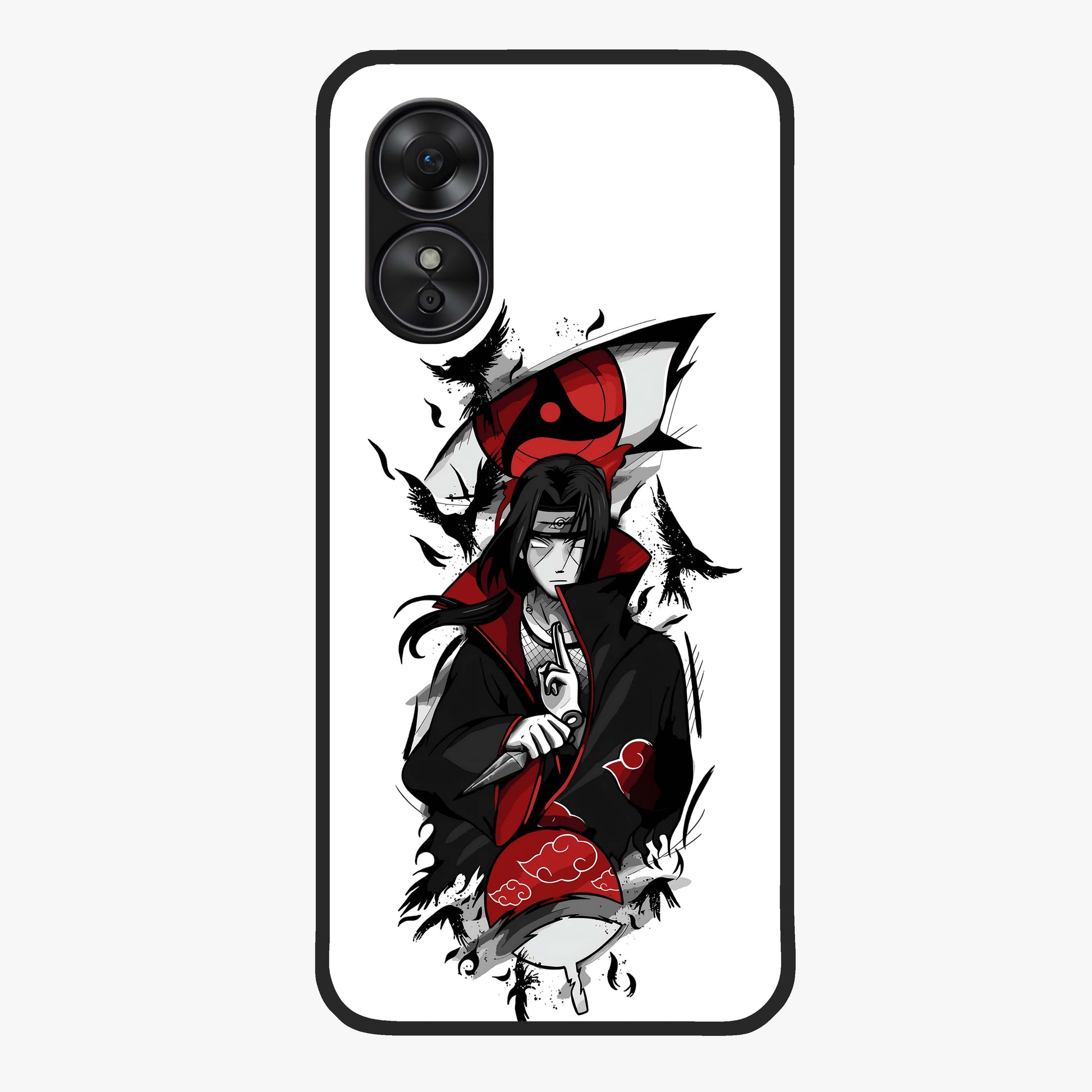 Itachi Sharingan Glass Case showing flat back view with powerful anime eye artwork and glossy glass finish.
