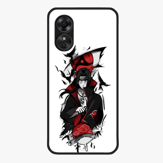 Itachi Sharingan Glass Case showing flat back view with powerful anime eye artwork and glossy glass finish.