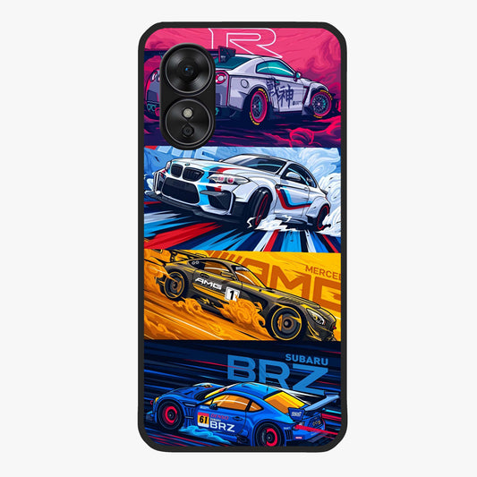 JDM Sports Car Glass Case showing flat back view with high performance sports car artwork and glossy glass finish.