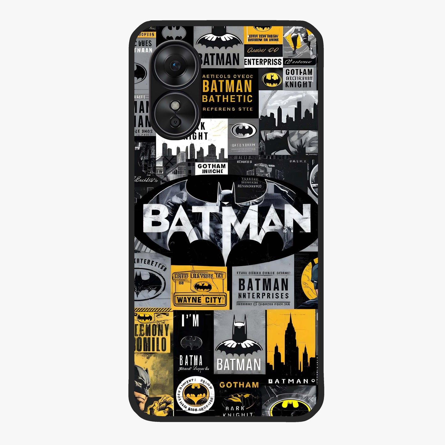 Knight Gotham Rise Glass Case showing flat back view with dark hero inspired artwork and glossy glass finish.