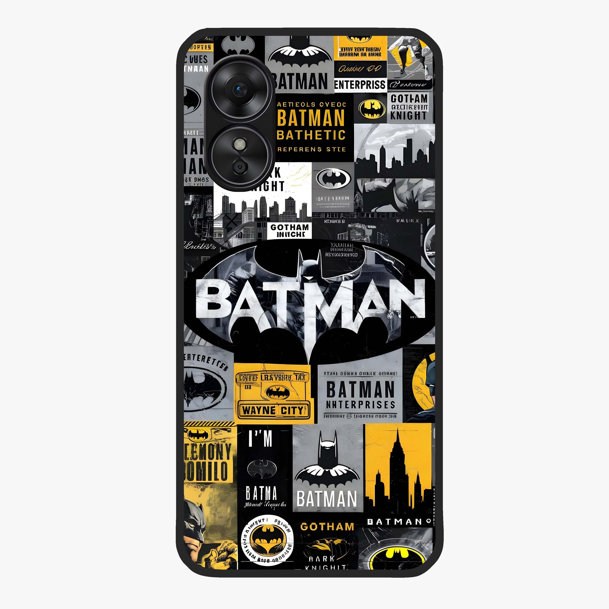 Knight Gotham Rise Glass Case showing flat back view with dark hero inspired artwork and glossy glass finish.