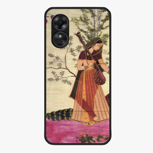 Lady With Veena Art Glass Case showing flat back view with elegant woman playing veena artwork and glossy glass finish.