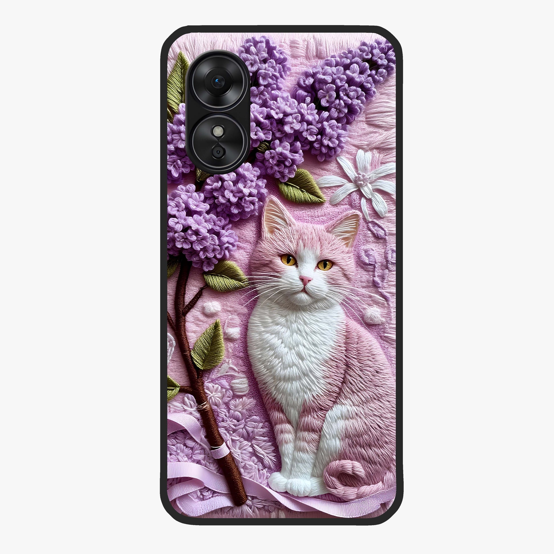 Lavender Cat Whimsy Glass Case showing flat back view with cute lavender cat artwork and glossy glass finish.