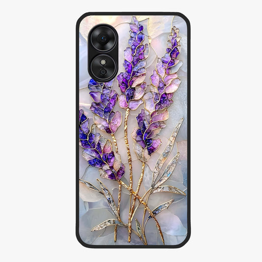 Lavender Dream Glow Glass Case showing flat back view with glowing lavender aesthetic artwork and glossy glass finish.