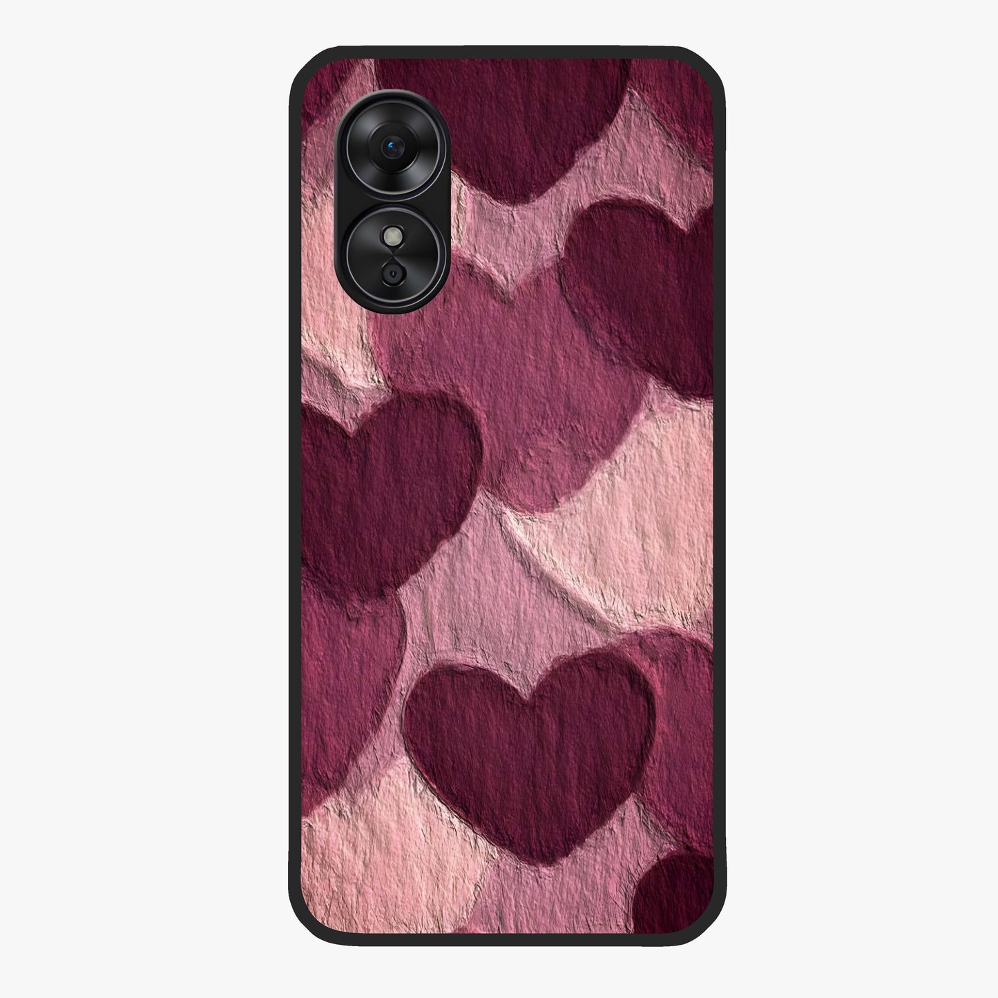 Layered Paper Hearts Glass Case showing flat back view with layered paper heart artwork and glossy glass finish.