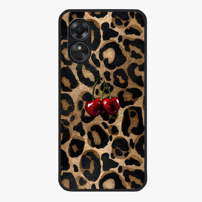 Leopard Wild Cherry Glass Case showing flat back view with leopard pattern and cherry artwork and glossy glass finish.