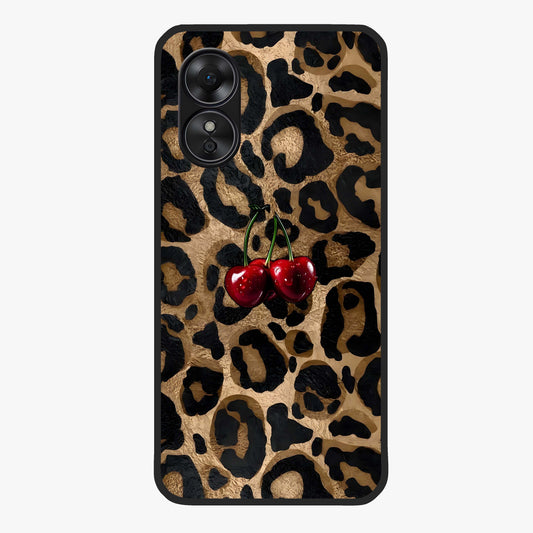 Leopard Wild Cherry Glass Case showing flat back view with leopard pattern and cherry artwork and glossy glass finish.