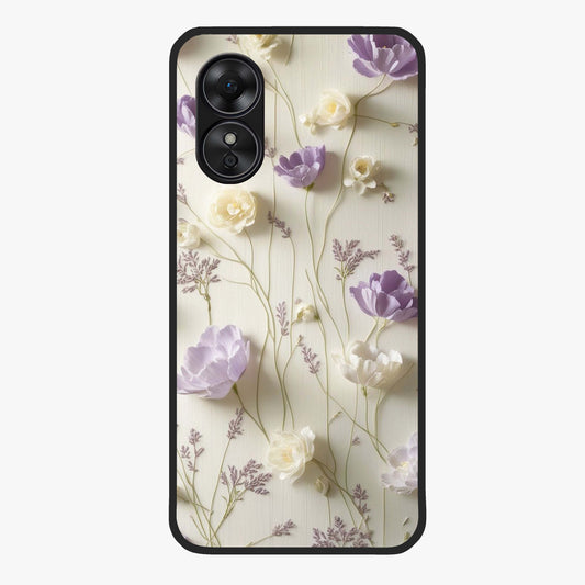 Lilac Breeze Harmony Glass Case showing flat back view with soft lilac themed artwork and glossy glass finish.
