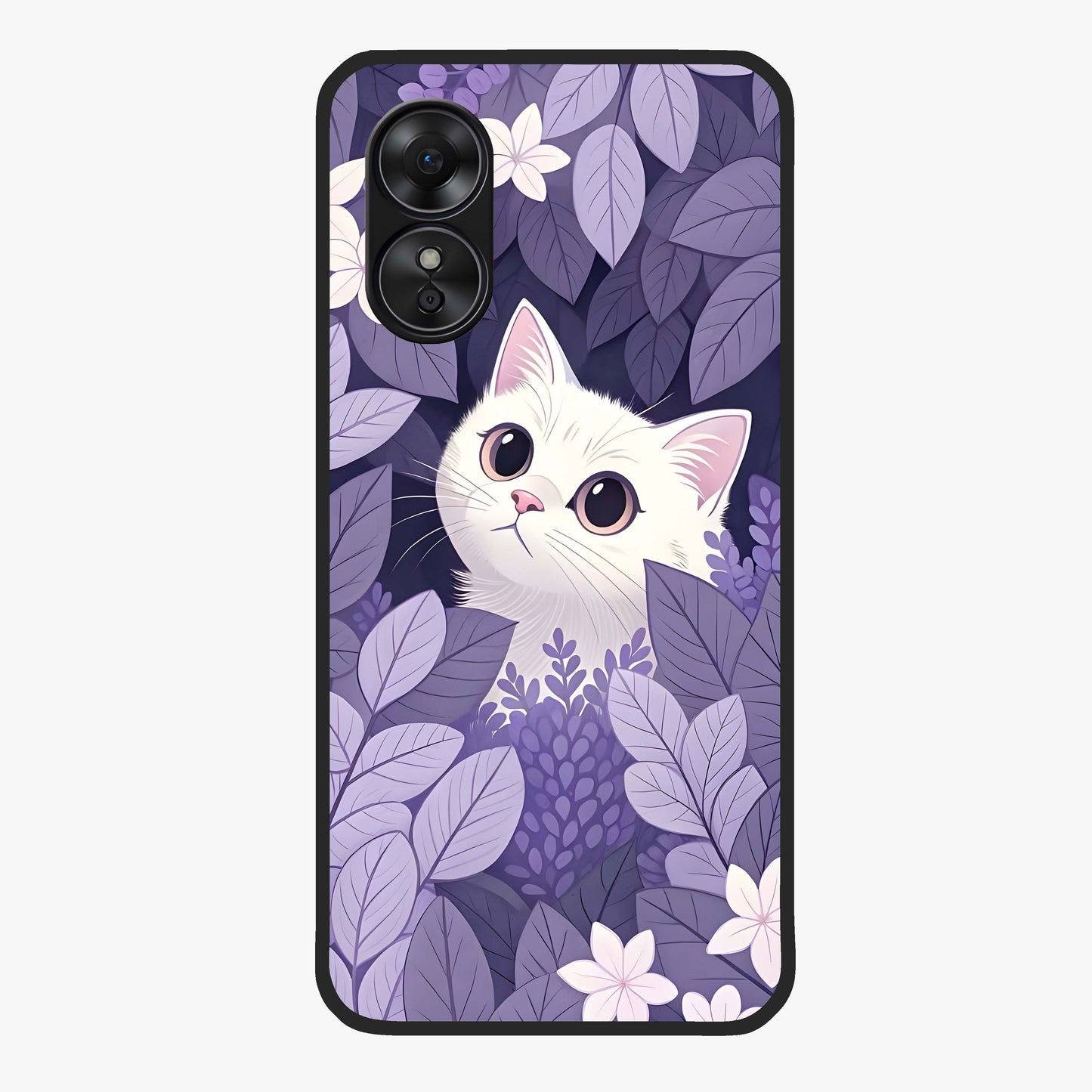 Lilac Hide Peek Cat Glass Case showing flat back view with cute peeking cat artwork and glossy glass finish.