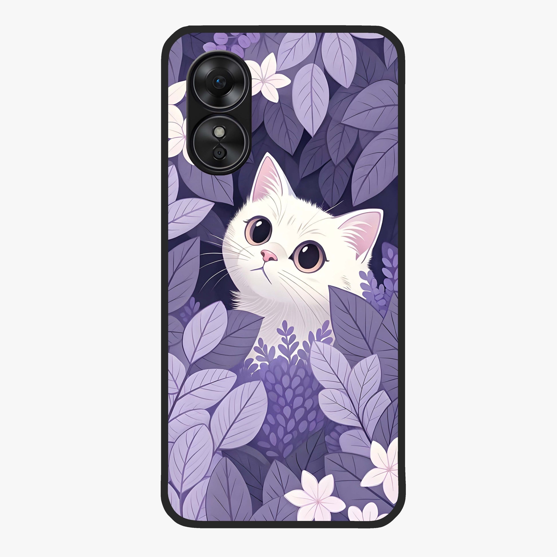Lilac Hide Peek Cat Glass Case showing flat back view with cute peeking cat artwork and glossy glass finish.