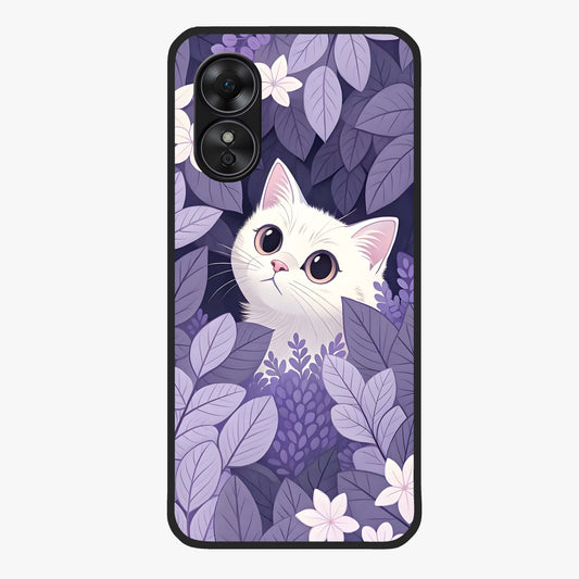Lilac Hide Peek Cat Glass Case showing flat back view with cute peeking cat artwork and glossy glass finish.