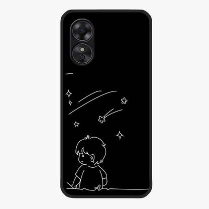 Line Art Boy With Shooting Stars Glass Case showing flat back view with minimal line art boy and shooting stars illustration and glossy glass finish.