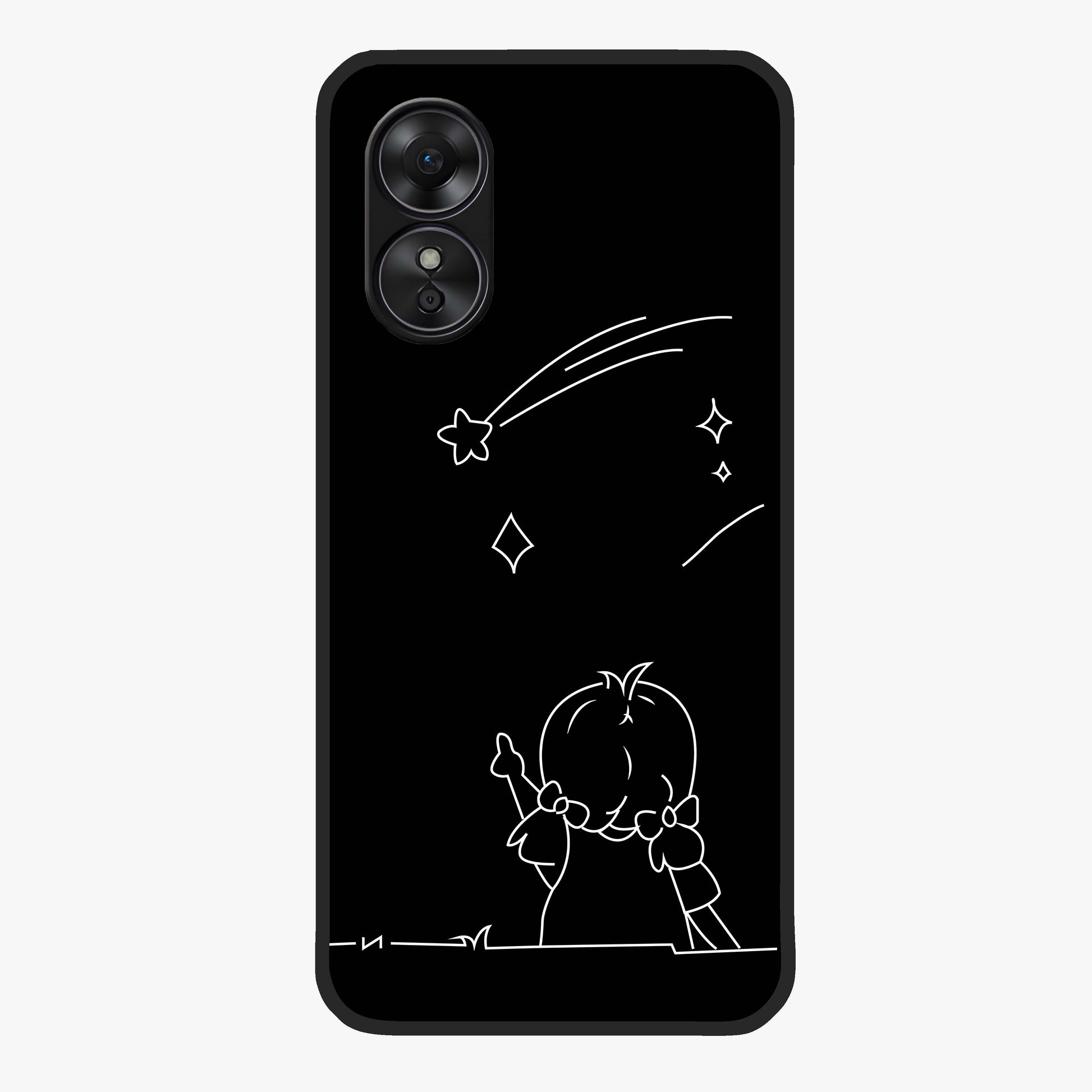 Line Art Girl With Shooting Stars Glass Case showing flat back view with minimal line art girl and shooting stars illustration and glossy glass finish.