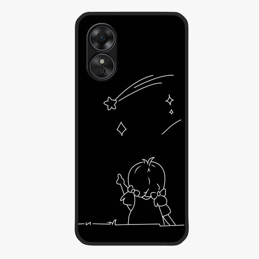 Line Art Girl With Shooting Stars Glass Case showing flat back view with minimal line art girl and shooting stars illustration and glossy glass finish.