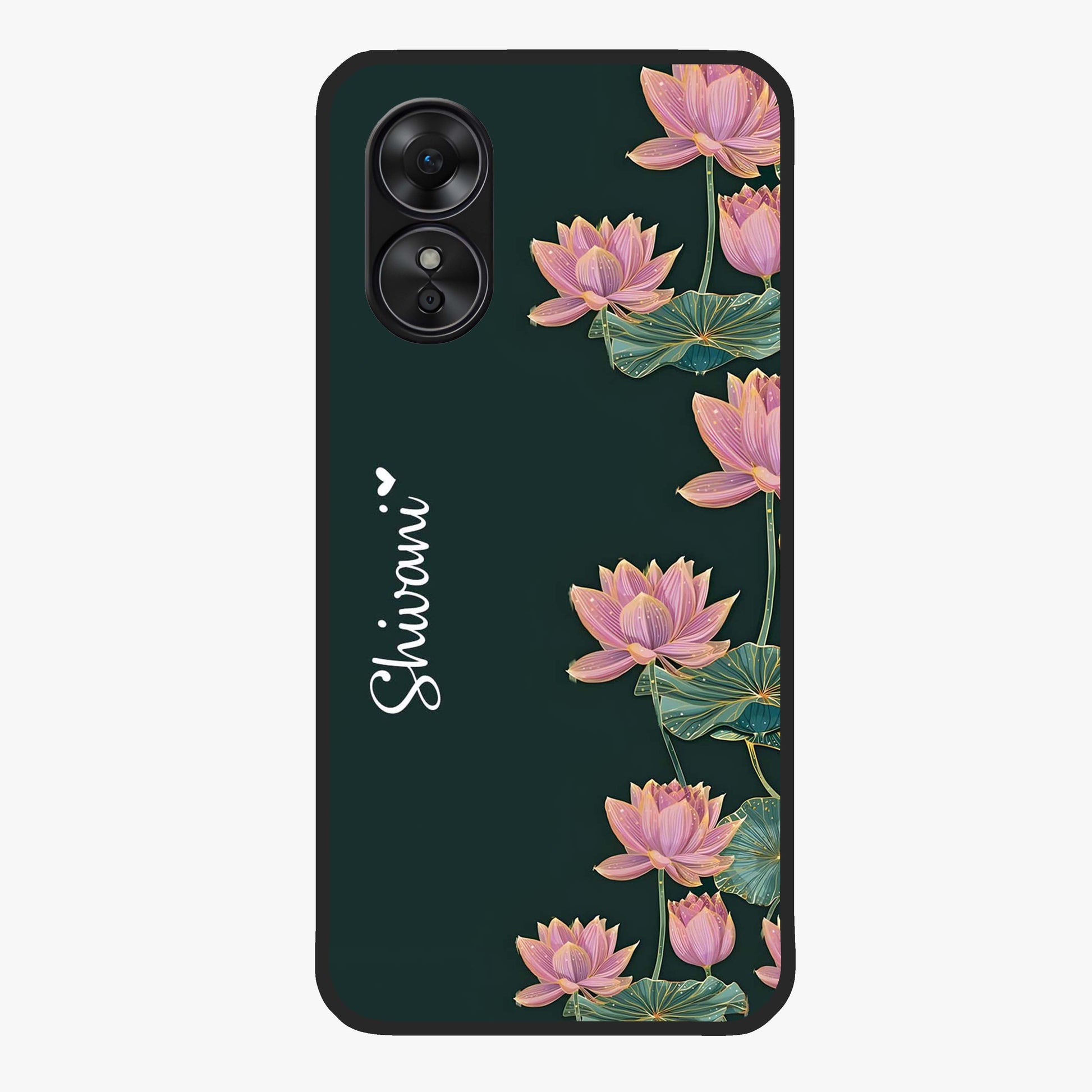 Lotus Bloom Serenity Custom Name Glass Case showing flat back view with elegant lotus flower artwork and personalized name design.