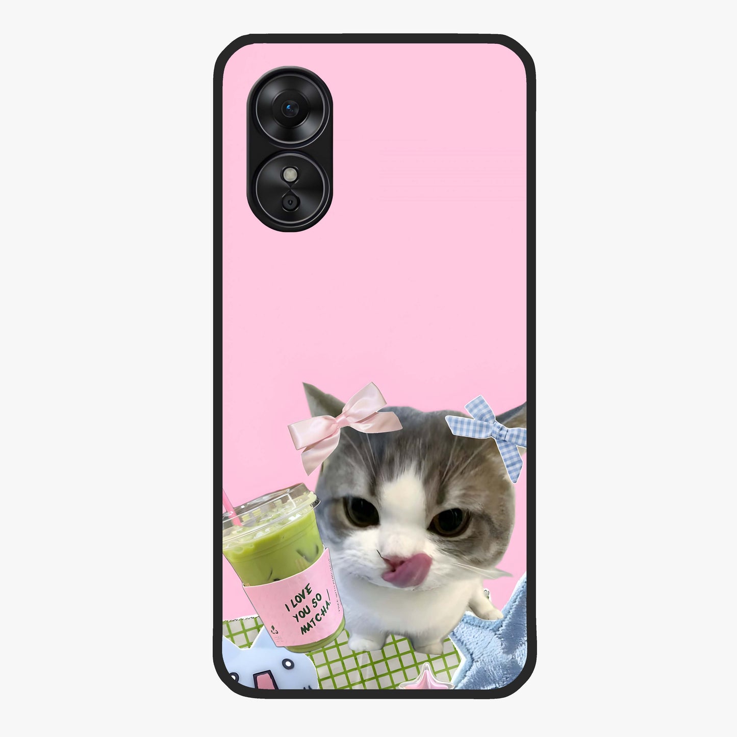 Love Matcha Cat Glass Case showing flat back view with cute cat and matcha themed artwork and glossy glass finish.
