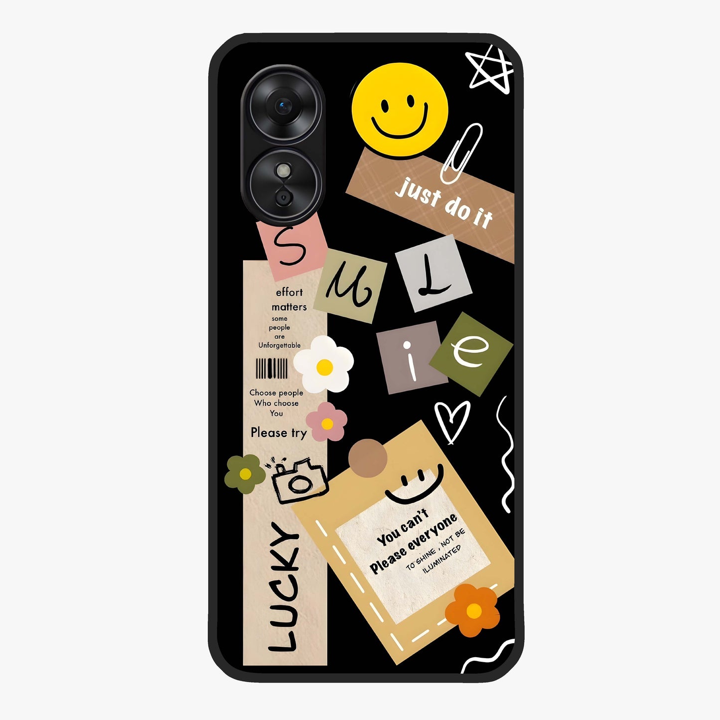 Lucky Aesthetic Collage Glass Case showing flat back view with trendy aesthetic collage artwork and glossy glass finish.