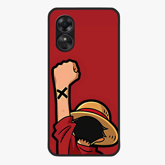 Luffy X Spirit Glass Case showing flat back view with bold anime character artwork and glossy glass finish.