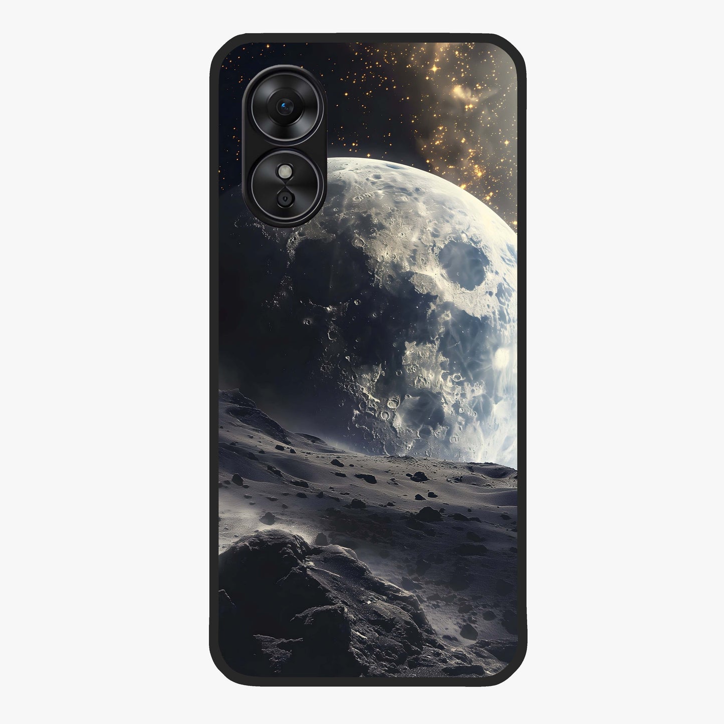 Lunar Horizon Glow Glass Case showing flat back view with glowing moon horizon artwork and glossy glass finish.