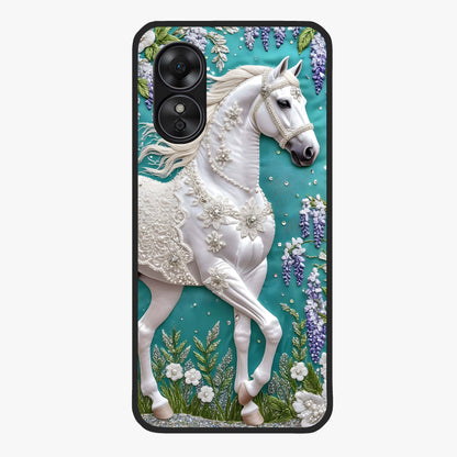 Majestic Floral Stallion Glass Case showing flat back view with powerful horse and floral artwork and glossy glass finish.
