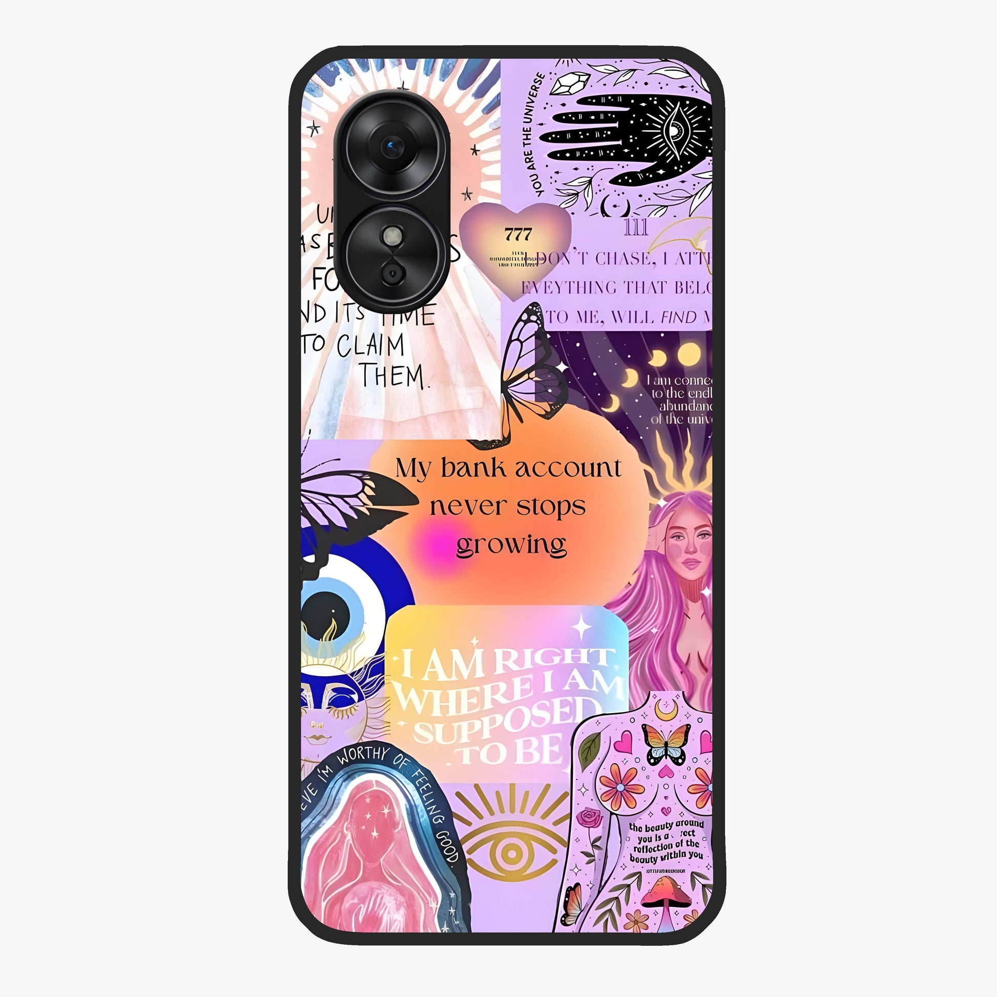 Manifestation Collage Glass Case showing flat back view with motivational collage artwork and glossy glass finish.