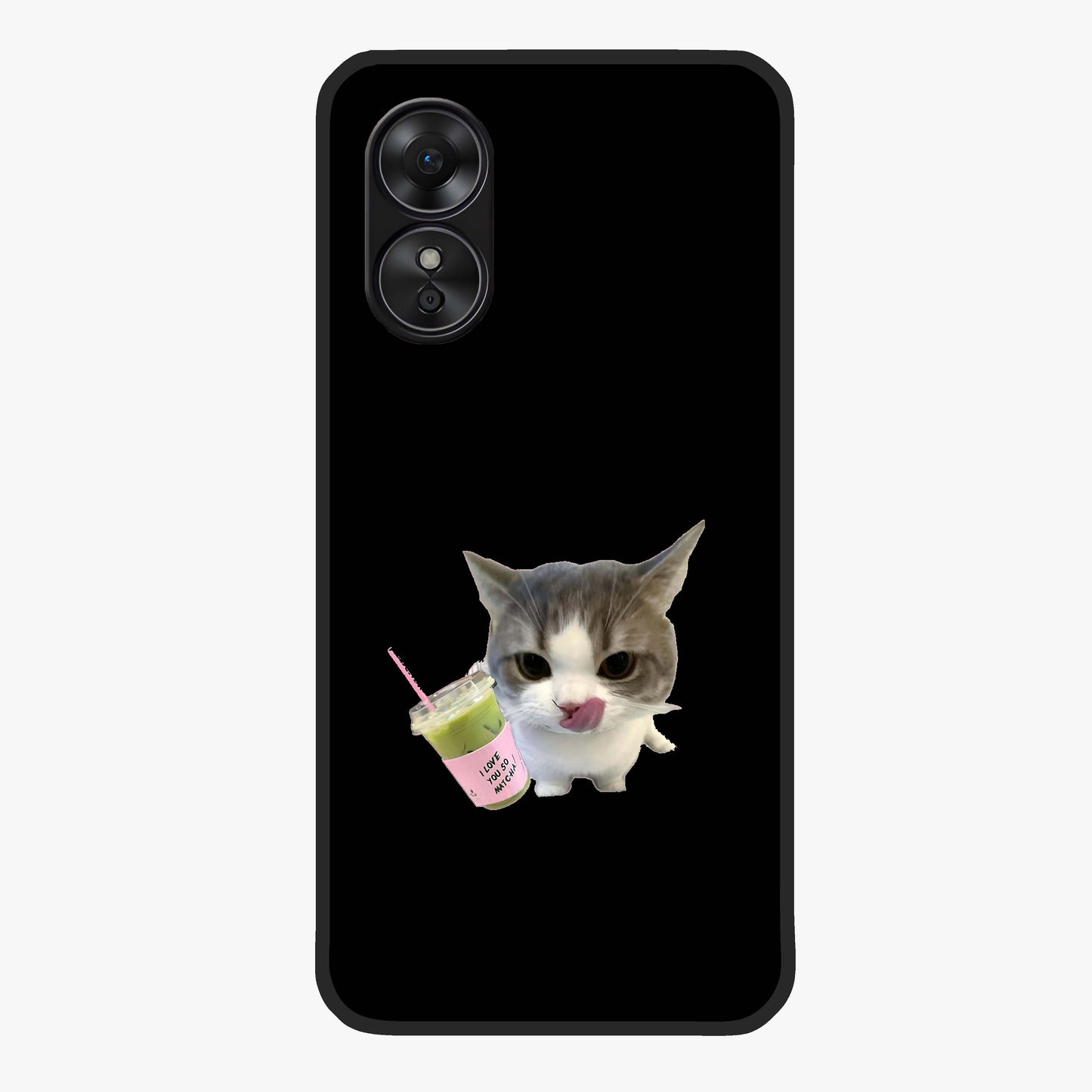 Matcha Cat Style Glass Case showing flat back view with cute matcha themed cat artwork and glossy glass finish.