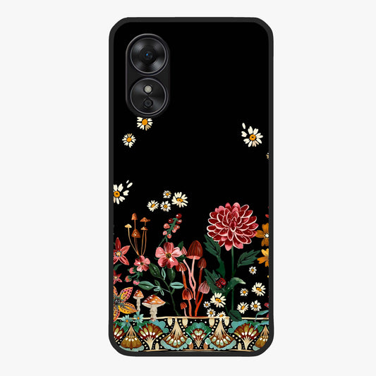Midnight Bloom Pattern Glass Case showing flat back view with dark floral pattern artwork and glossy glass finish.
