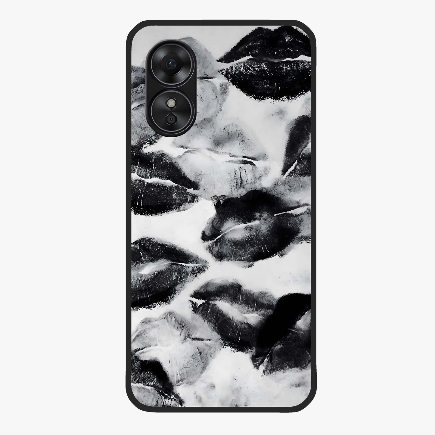 Midnight Kiss Marks Glass Case showing flat back view with lipstick kiss mark artwork and glossy glass finish.