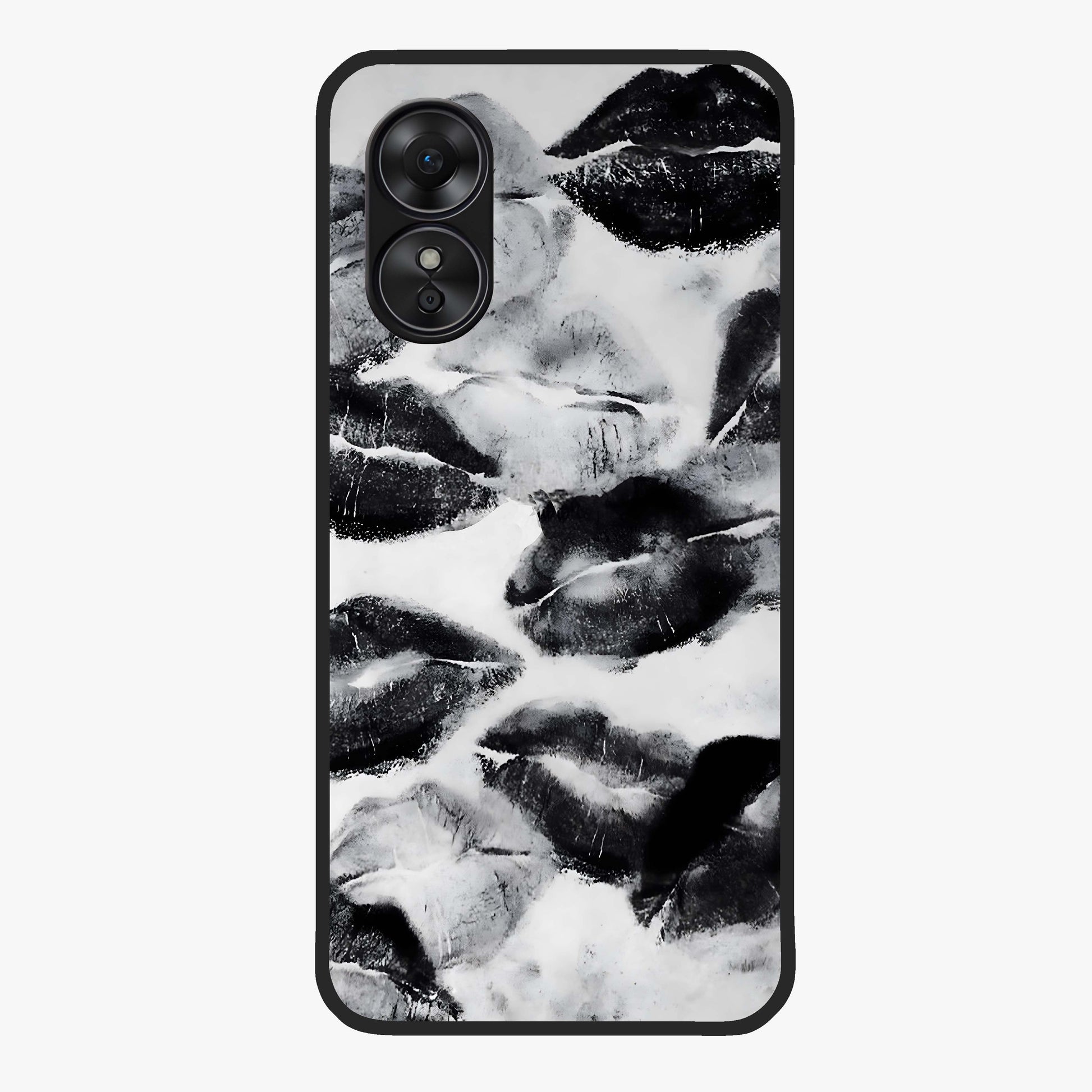 Midnight Kiss Marks Glass Case showing flat back view with lipstick kiss mark artwork and glossy glass finish.