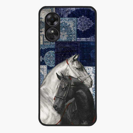 Midnight Stallion Blues Glass Case showing flat back view with majestic horse artwork and glossy glass finish.
