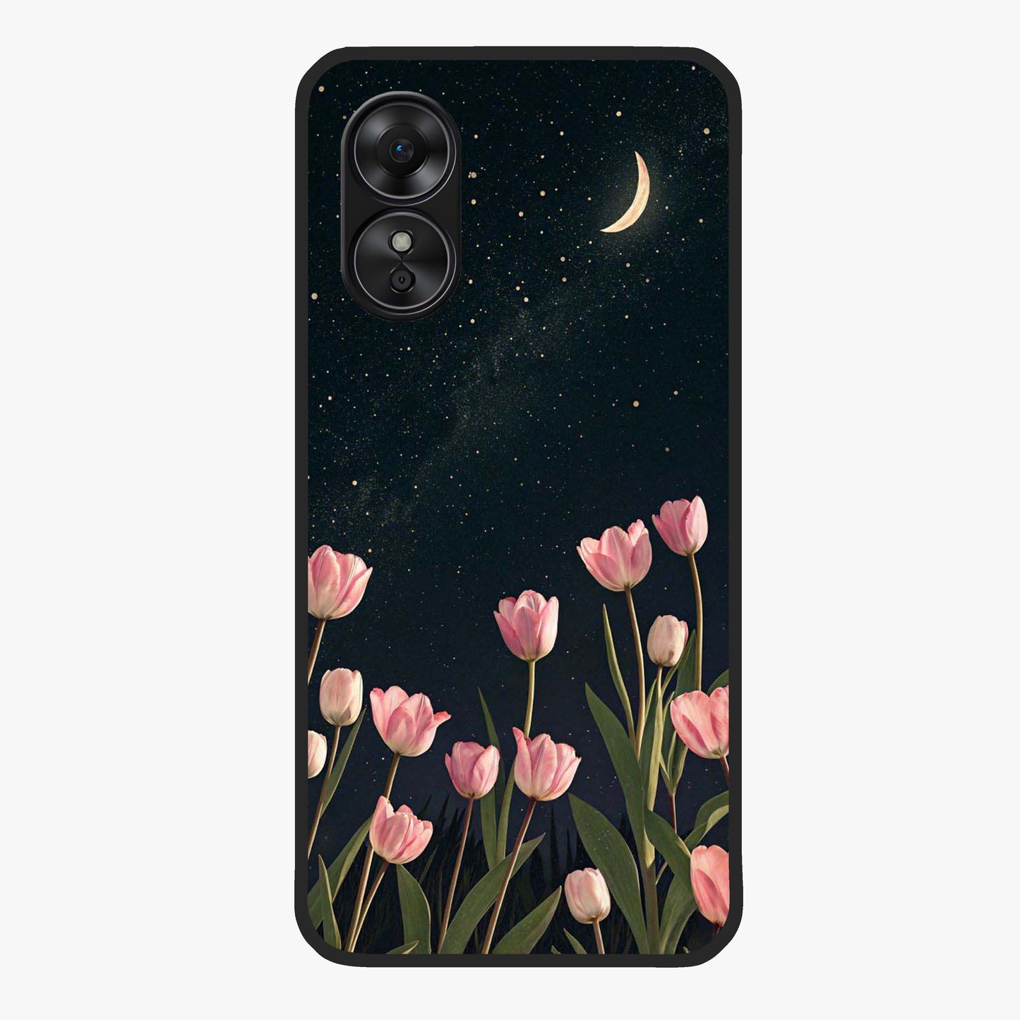 Midnight Tulip Whispers Vibe Glass Case showing flat back view with elegant tulip flower artwork and glossy glass finish.