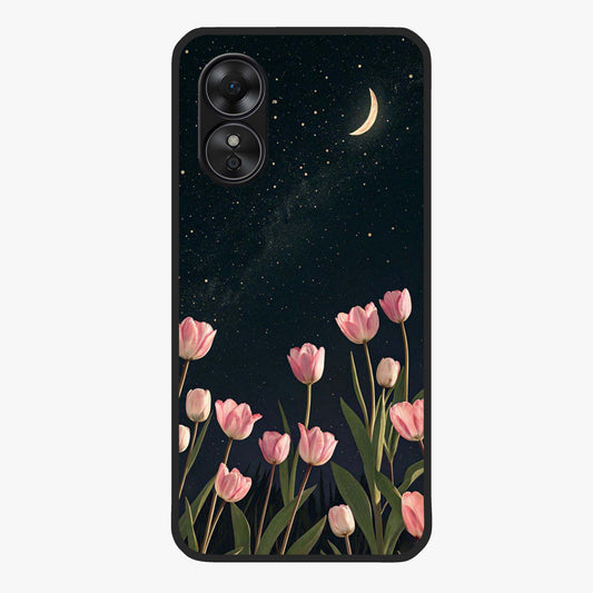 Midnight Tulip Whispers Vibe Glass Case showing flat back view with elegant tulip flower artwork and glossy glass finish.