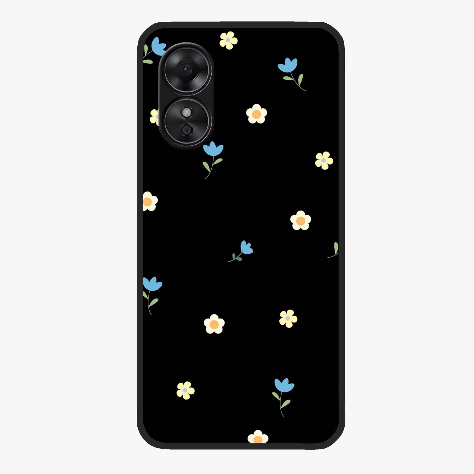 Minimalistic Blue With White Flower Pattern Glass Case showing flat back view with blue background and white flower pattern and glossy glass finish.